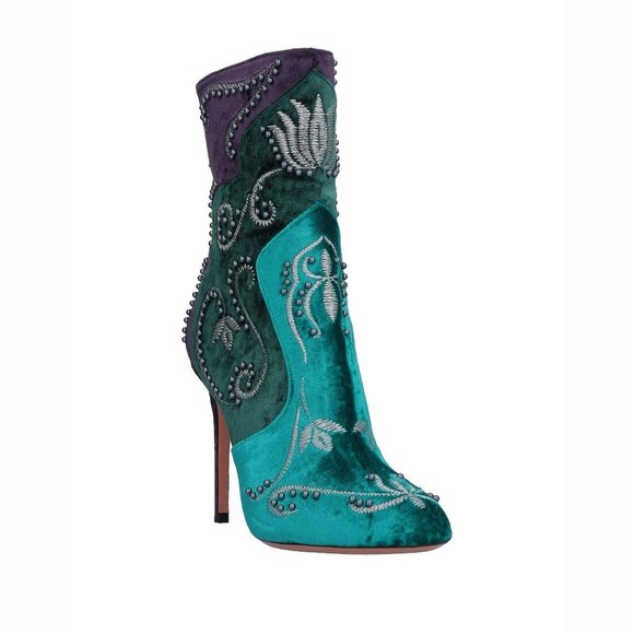 NIB Aquazzura matahari teal purple tricolor studded velvet booties ankle boots - Picture 4 of 6